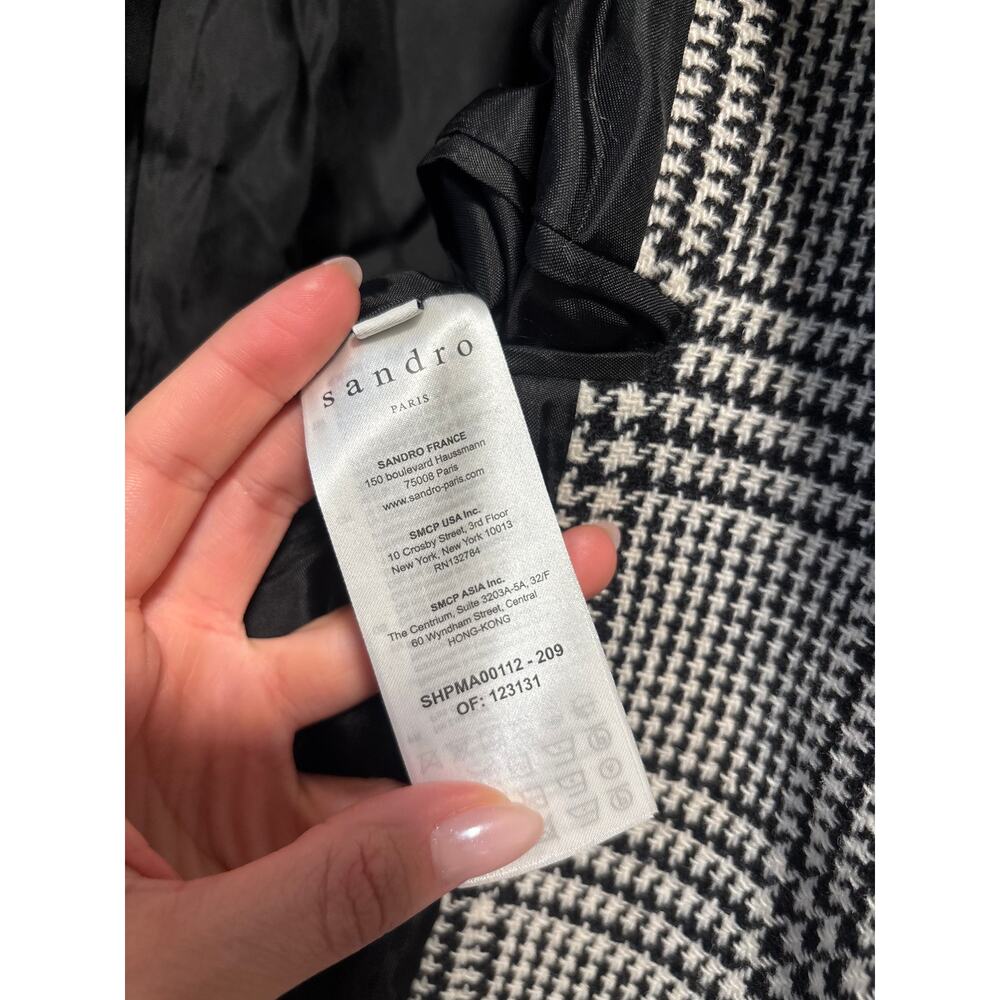 Sandro Women's Black White Plaid Wool Blend Long Coat Size 40 - Picture 6 of 13